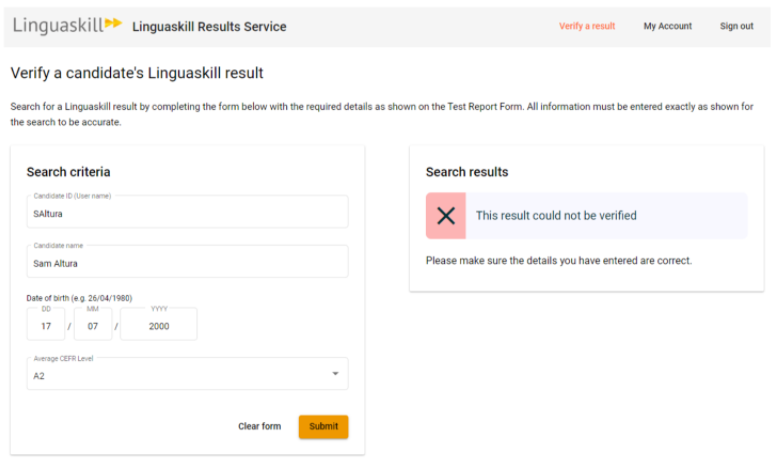 Servicio de verificación de resultados Linguaskill resultado inválido