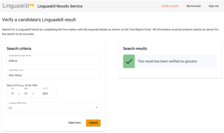Servicio de verificación de resultados Linguaskill